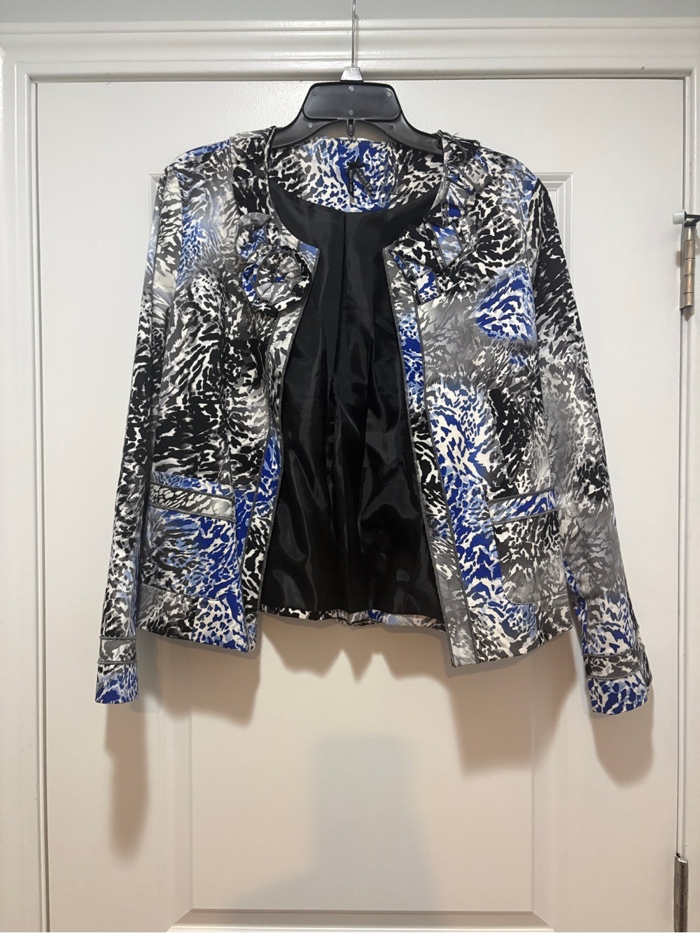Patterned Open-Front Women's Jacket - Blue/Black/Gray